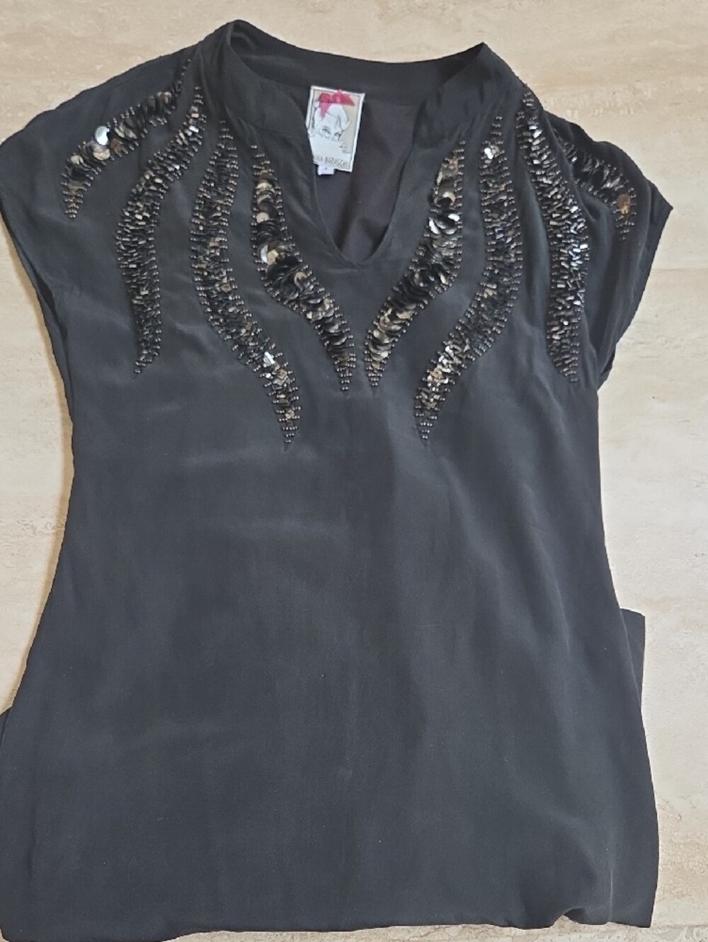 Yoana Baraschi Black Short-Sleeve Top with Sequin Embellishment Size 6